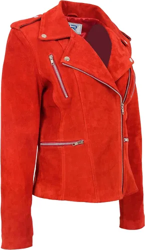 Vista 2 de Divergent Retail DR217 Women's Hardrock Biker Chich Leather Jacket Red Suede