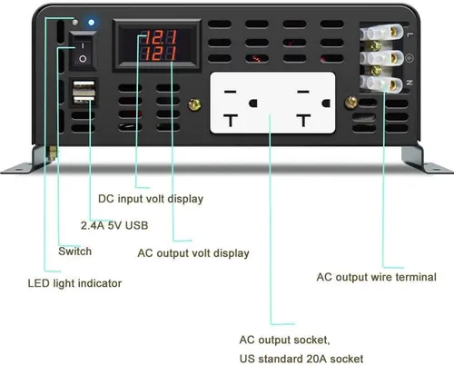 Vista 5 de WZRELB Inversor de corriente de onda sinusoidal pura de 2500 W, 12 VCC a 120 VCA, 60 Hz, salidas de CA duales, 2 puertos USB de 2.4 A y terminal