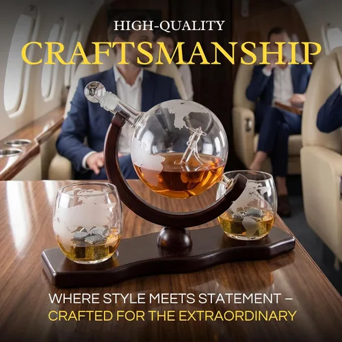 Vista 5 de Decantador del mundo grabado con globo de whisky, juego de regalo de whisky The Wine Savant con avión antiguo, piedras de whisky y 2 vasos de mapa