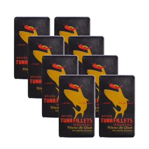 Vista 2 de Filetes de atún portugués especiados enlatados en aceite de oliva capturado en la naturaleza Vitaminas B, Omega-3 Pescado enlatado de Ati Manel