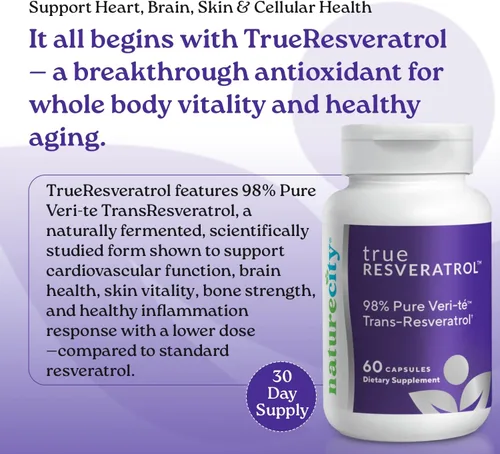 Vista 2 de NatureCity TrueResveratrol - Suplemento de resveratrol y apoyo antienvejecimiento con 75 mg de trans-resveratrol (98% de verific-te puro)