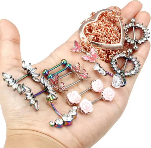 Vista 7 de Pexveiuu - 16 anillos para pezón, cadena y ombligo para mujer, acero quirúrgico, pezón, ombligo, barernas, piercing de barra, Metal, circonita cúbica