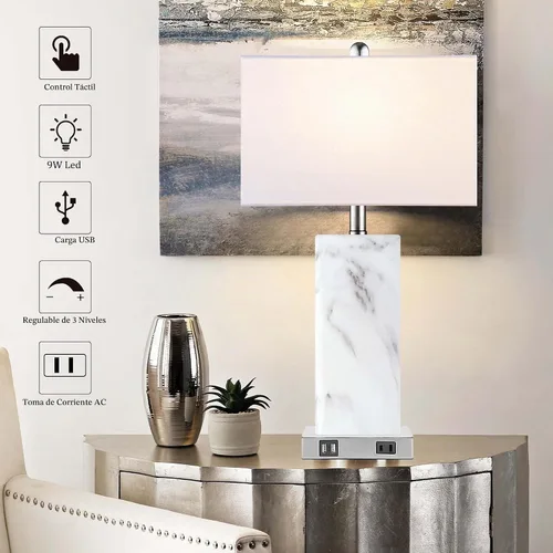 Vista 5 de Juego de 2 lámparas de mesa con control táctil, modernas lámparas de noche de cerámica con 2 puertos USB y 1 enchufe de CA, lámparas de mesita de 3