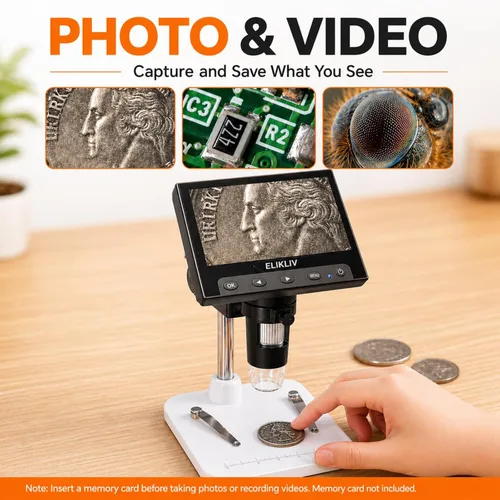 Vista 4 de Elikliv Microscopio, microscopio digital LCD para monedas 1000x, lupa de monedas con 8 luces LED ajustables, vista de PC compatible con Blanco