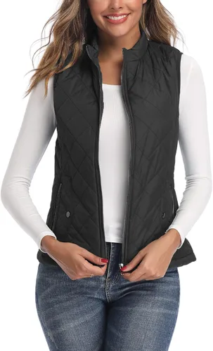 Vista 2 de Chaleco para exteriores de mujer, chaleco acolchado ligero con cremallera y cuello alto.
