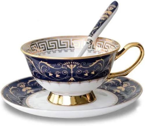 Vista 11 de YBK Tech - Juego de tazas y platillos de porcelana estilo europeo, taza de café de cerámica para el hogar, cocina, boda (patrón de leopardo)