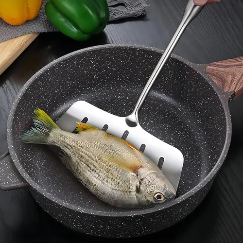 Vista 5 de GREATLINK Espátula de pescado de acero inoxidable 304, espátula ancha ranurada para carne con mango largo resistente al calor, girador de cocina
