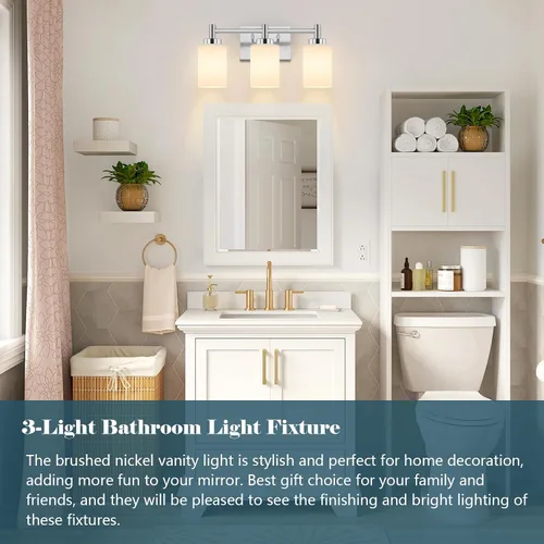 Vista 5 de 3-Light Brushed Nickel Bathroom Light Fixtures Over Mirror, Rustproof Brushed Nickel Vanity Light, Modern Bathroom Vanity Lights with Milky White