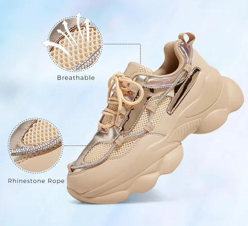 Vista 3 de LUCKY STEP Zapatos deportivos gruesos de los años 90 para mujer, con plataforma de cuerda con diamantes de imitación brillantes, casuales, gruesos