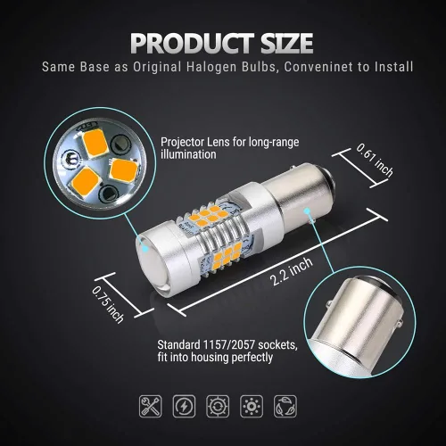 Vista 5 de Antline Súper brillante 1157 1157NA 2057 2357 7528 2357A BAY15D 21-SMD 2835 conjuntos de chips bombillas LED de 1260 lúmenes, amarillas ámbar