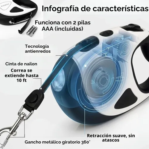 Vista 4 de BoldPet® Correa retráctil para perro con linterna LED, correa larga sin enredos de 10 pies, agarre antideslizante, correa retráctil para perros