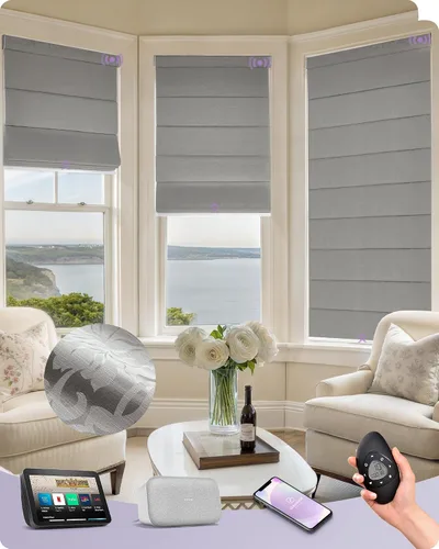Vista 22 de Graywind Persianas romanas inteligentes compatibles con Alexa Google, persianas motorizadas recargables con control remoto de filtrado de luz