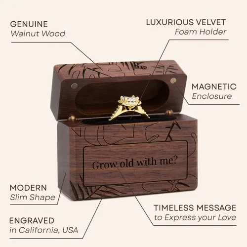 Vista 2 de MUUJEE Grow Old With Me Engraved Wooden Ring Box, Slim Engagement Proposal Ring Holder, Wedding Ceremony Ring Bearer Box, Fiance Gift Ideas