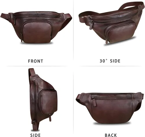 Vista 4 de Riñonera de cuero genuino para mujeres y hombres, bolso cruzado de cuero real vintage, bolso cruzado de moda para la cintura, Café, Riñonera