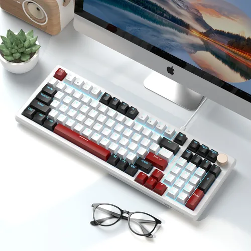 Vista 5 de MageGee Teclado mecánico para juegos de 98 teclas, interruptor amarillo intercambiable en caliente, 96% diseño compacto LED azul retroiluminado