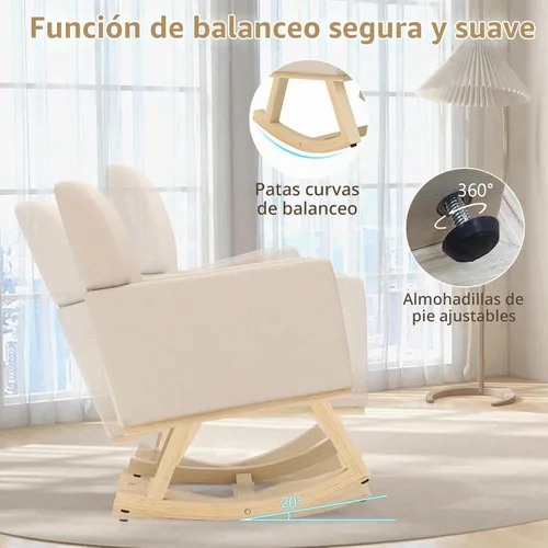 Vista 4 de Giantex Mecedora tapizada, mecedora de guardería con respaldo ampliado, funda de cojín lavable a máquina, marco de madera de goma maciza, silla