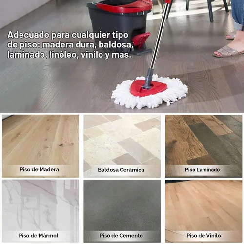 Vista 4 de Cabezal de repuesto para trapeador giratorio con 1 base giratoria y 1 mango. Recambios de fregona EasyWring compatibles con SpinMop triangular