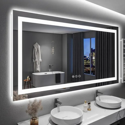 Vista 29 de Espejo de baño LED de 24x30 pulgadas con luces, espejo de tocador frontal y retroiluminado para pared de baño con 3 colores, regulable