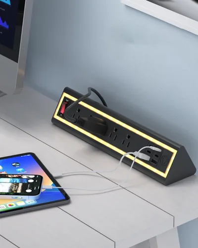 Vista 3 de Regleta de alimentación con abrazadera de escritorio con luz nocturna, carga rápida de 40 W, cable de extensión de 6 pies, USB-C de 4 x 20 W y 2