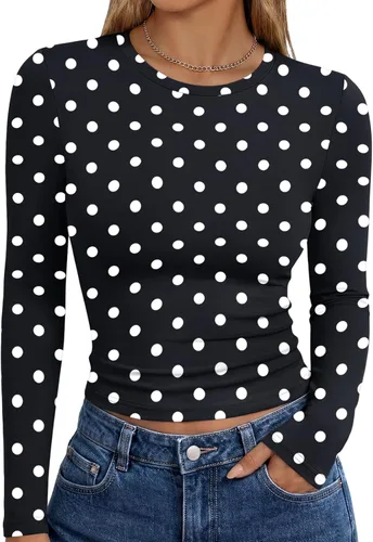 Vista 32 de Trendy Queen Camisetas de manga larga para mujer, camisetas básicas de Verde militar