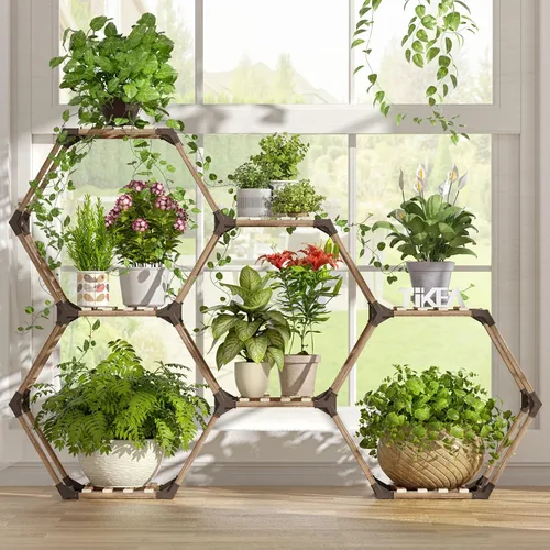 Vista 8 de Tikea Soporte para Plantas de Interior y Exterior Soporte Hexagonal de Esquina para Plantas Suculentas Plantas Pequeñas Estante de Madera