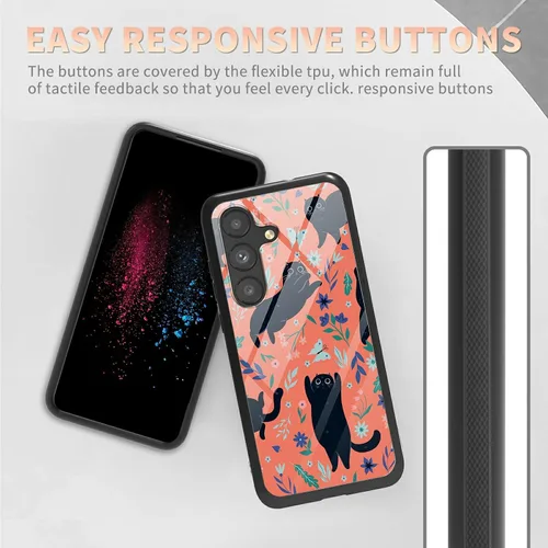 Vista 4 de Funda para Samsung Galaxy A13 5G con protector de pantalla, cubierta trasera de vidrio templado, diseño de flores de gato negro, marco de Flores