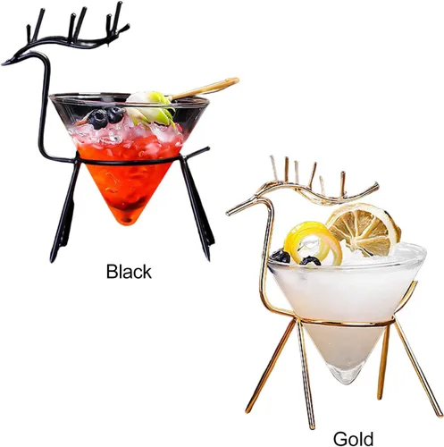 Vista 7 de Firlar Juego de 2 vasos de Martini, juego de entretenimiento de vidrio y metal, vasos de cóctel creativos de 5.4 onzas con soporte de cervatillo