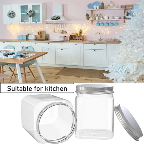 Vista 4 de Paquete de 2 tarros de plástico transparente de 24 onzas, recipientes de almacenamiento de cocina recargables, para cocina y hogar, tapa de aluminio.