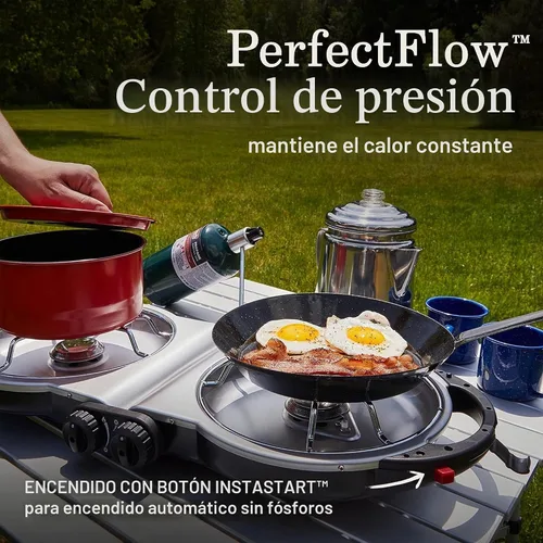 Vista 3 de Coleman Fold ‘N Go 2-Burner Propane Stove, Dual Adjustable Burners with 20,000 BTUs of Power & InstaStart Ignition, Great for Camping, Tailgating