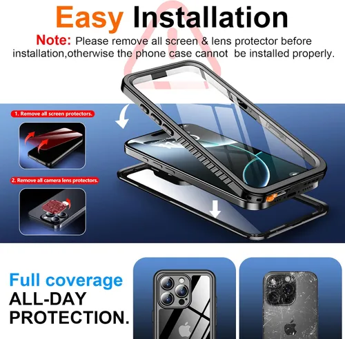 Vista 6 de SPIDERCASE Funda impermeable para iPhone 16 Pro, color negro y transparente Negro / transparente