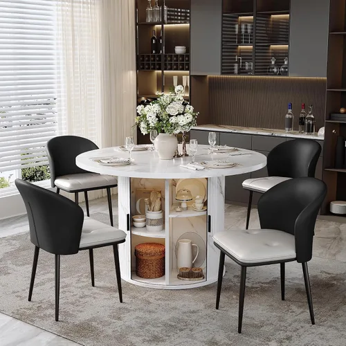 Vista 26 de Miereirl Juego de mesa y sillas de comedor moderno redondo, con una mesa de comedor de madera equipada con compartimentos de almacenamiento