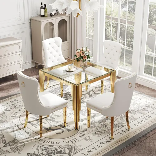 Vista 27 de Juego de mesa de comedor de cristal de 5 piezas para 4, mesa de cocina cuadrada de 37 pulgadas con 4 sillas tapizadas de terciopelo negro, mesa