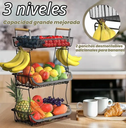 Vista 2 de Cesta de frutas de 3 niveles para encimera de cocina con 2 ganchos para plátanos, soporte grande para frutero, soporte de almacenamiento de frutas
