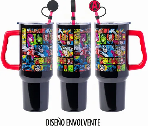 Vista 5 de Silver Buffalo Marvel Avengers - Vaso de acero inoxidable con pajilla, tapa de cubierta, tapa y asa con Iron Man, Capitán América, Blue Beetle