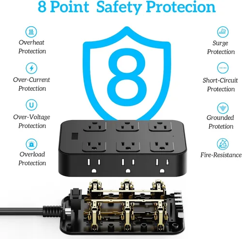 Vista 8 de Tira de alimentación con enchufe plano, protector de sobretensiones, cable de extensión de 5 pies con 12 tomas de corriente alterna, 6 puertos USB
