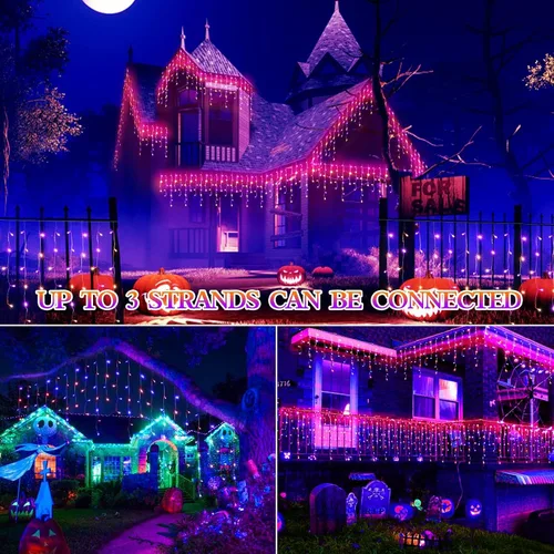 Vista 3 de JXLEDAYY 65 pies 640 luces LED de Halloween decoraciones exteriores luces de cadena de alambre transparente con enchufe 120 gotas 8 modos