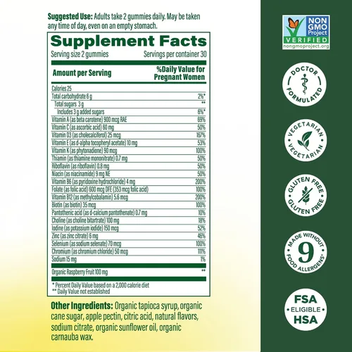 Vista 2 de MegaFood Baby & Me 2 vitaminas prenatales para mujeres con ácido fólico y colina para el desarrollo cerebral del bebé; además de fruta real, sabor