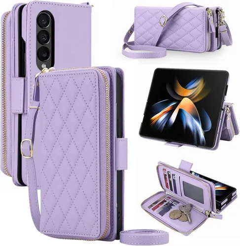 Vista 28 de Compatible con Samsung Galaxy Z Fold 3 5G 2021 - Funda tipo cartera con cremallera y bloqueo RFID, correa para tarjetero, ranuras para tarjetas Rojo