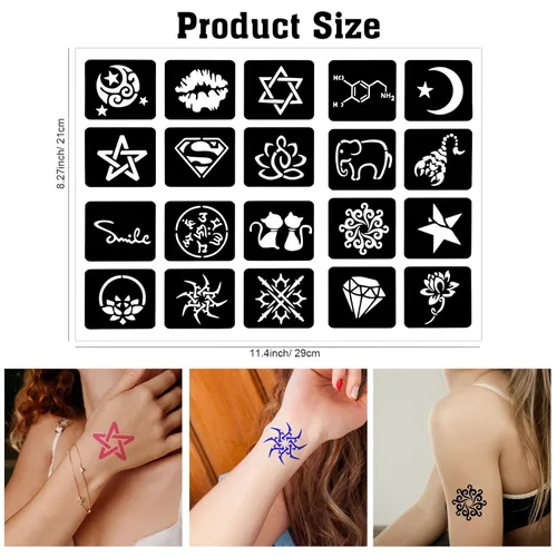 Vista 2 de Qpout Plantillas de tatuaje para niños y adultos, kit de plantillas de tatuaje de henna, diseño de plantillas de tatuaje pequeñas y grandes