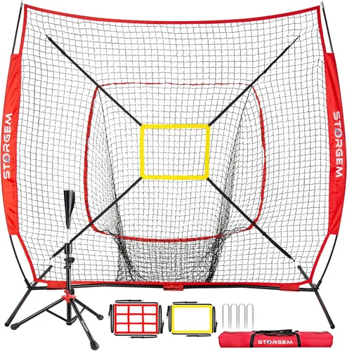 Vista 14 de Storgem Baseball and Softball Practice Net 7×7ft Portable Hitting Pitching Batting Training Net Baseball Backstop Net with Batting Tee and Strike
