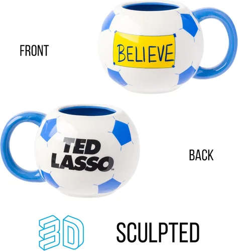 Vista 2 de Silver Buffalo - Taza de cerámica esculpida en 3D con forma de balón de fútbol de Ted Lasso Believe, 20 onzas Balón de fútbol Believe de 20 onzas