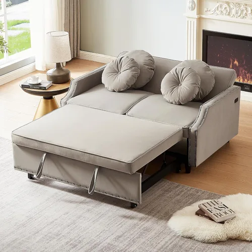 Vista 11 de Elegante sofá cama convertible de 54.7 pulgadas, sofá modular con cama extraíble con dos puertos USB y 4 almohadas, sofá biplaza para espacio