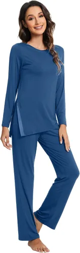 Vista 25 de WiWi Conjunto de pijama para mujer, súper suave, manga larga, ropa de dormir, ropa de dormir, ropa de descanso, viscosa de bambú, S-XXL A-aqua