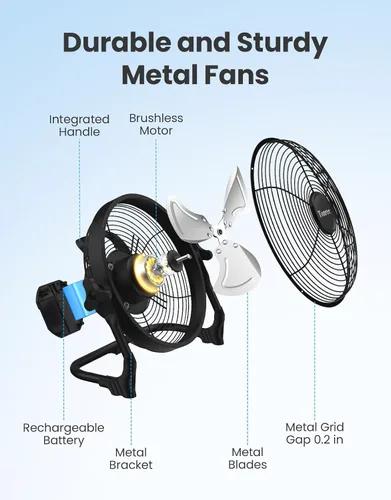 Vista 4 de Ventilador de suelo portátil de 10 pulgadas, funciona con pilas, ventilador recargable inalámbrico, ventilador inalámbrico de alta velocidad, carga