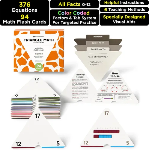 Vista 3 de Think Tank Scholar Juego de tarjetas flash triangulares de suma y resta (376 ecuaciones matemáticas), todos los hechos 0-12 - codificados por