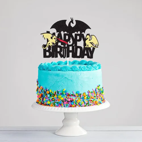 Vista 7 de Decoración para pastel de cumpleaños con purpurina negra de dragón de fuego, juegos de decoración de fiesta de dragón para niños y hombres