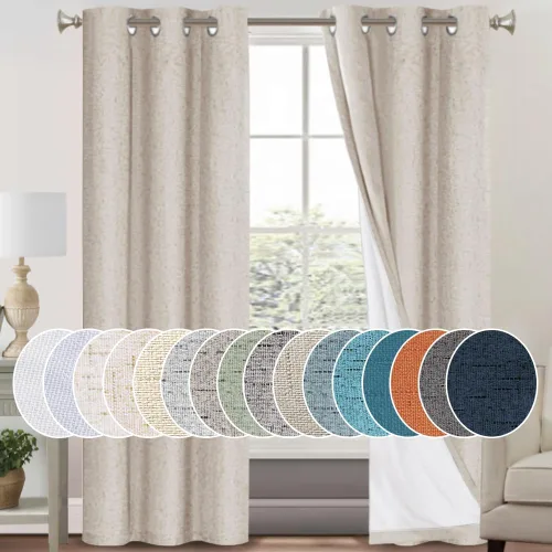 Vista 21 de Cortinas con textura de lino 100% opacas de 64 pulgadas de largo, juego de 2 paneles de cortinas de lino opacas con forro aislante térmico que Arena