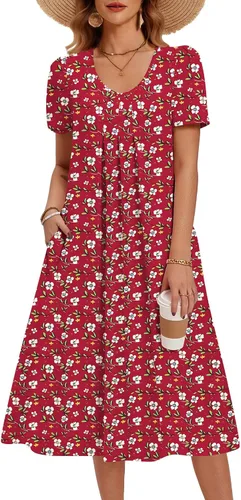 Vista 25 de Zeagoo Vestido de verano para mujer, casual, floral, midi, con bolsillos, cuello en V, plisado, manga corta, estilo alineado, para vacaciones