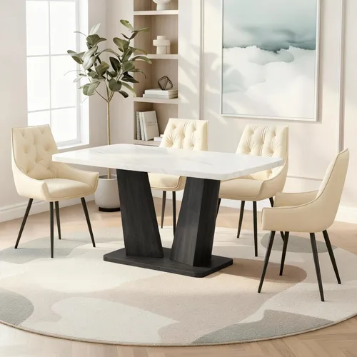 Vista 18 de Juego de mesa de comedor para 6, juego de mesa de comedor de mármol para 6, juego de 6 sillas de mesa de cocina con base de madera, juego de mesa