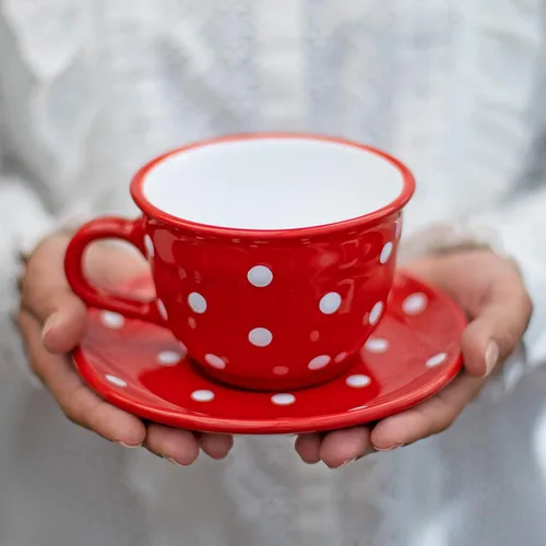 Vista 12 de City to Cottage Taza y platillo de café capuchino de cerámica grande de lunares blancos y negros hechos a mano de 12 oz/11.8 fl oz, cerámica